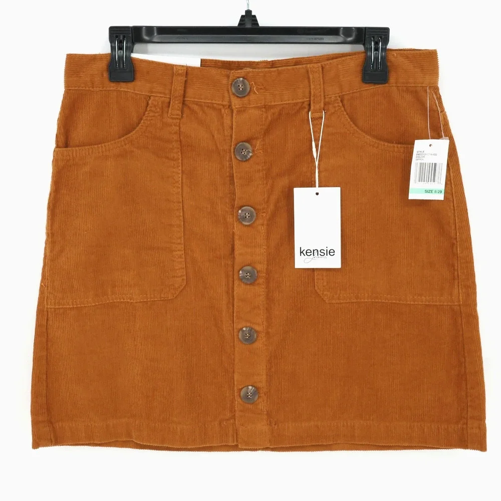 Kensie Skirt Womens 8 Waist 29 Rust Brown Corduroy Button Front Pockets New